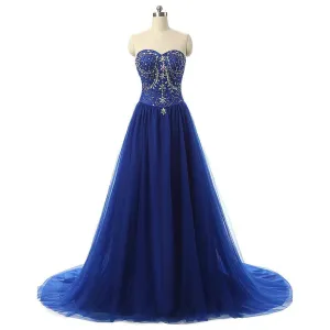 Long A-Line Sweetheart Rhinestone Royal Blue Tulle Prom Dresses, BG0077