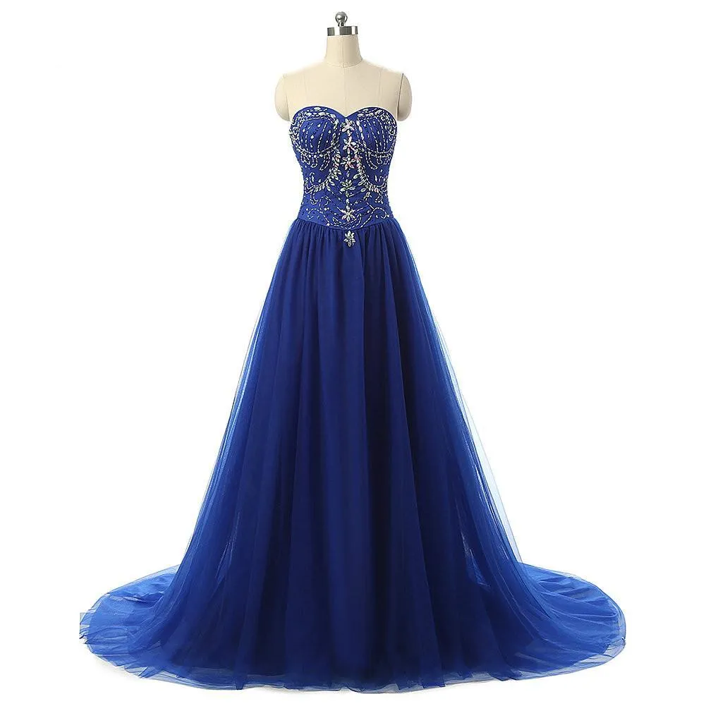 Long A-Line Sweetheart Rhinestone Royal Blue Tulle Prom Dresses, BG0077