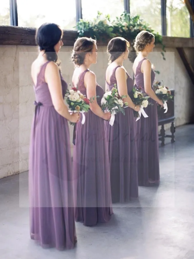 Long A-line V-neck Sleeveless Lace Chiffon Elegant Bridesmaid Dresses, Wedding Guest Dresses, WG171