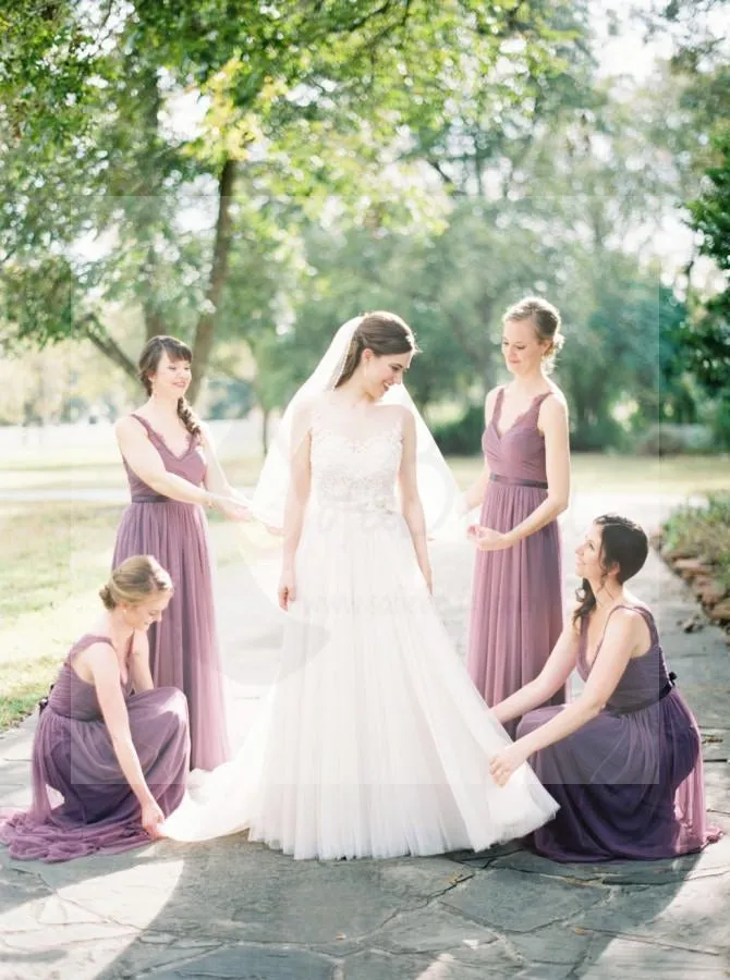 Long A-line V-neck Sleeveless Lace Chiffon Elegant Bridesmaid Dresses, Wedding Guest Dresses, WG171