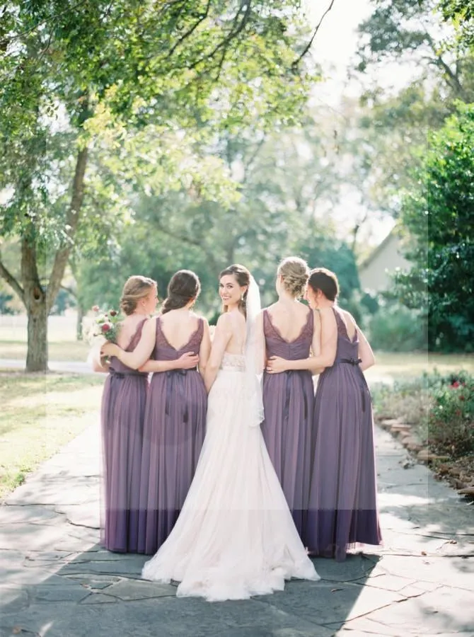 Long A-line V-neck Sleeveless Lace Chiffon Elegant Bridesmaid Dresses, Wedding Guest Dresses, WG171