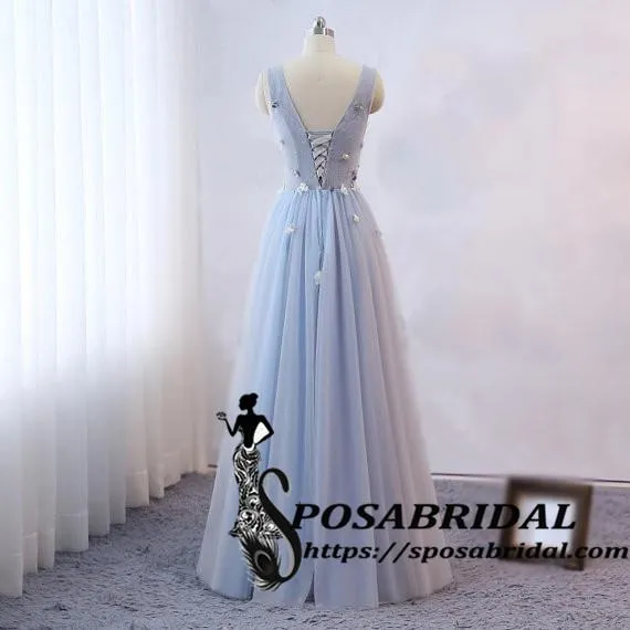 Long Blue Tulle Custom Bridesmaid Dresses, V-Neck Sleeveless Prom Dresses ,WG323