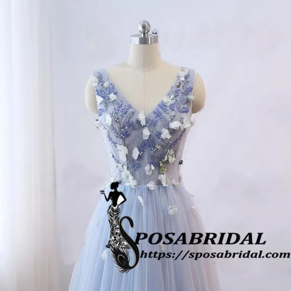 Long Blue Tulle Custom Bridesmaid Dresses, V-Neck Sleeveless Prom Dresses ,WG323