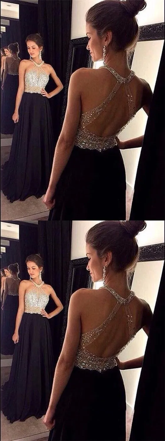 Long Halter Sleeveless Beaded Open Back Black Chiffon Prom Dresses Online, TYP1129