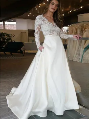 Long Sleeve Wedding Dresses See Through Lace Top Ivory Wedding Dresses, QB0352