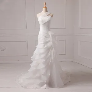 Long Wedding Dress, Organza Wedding Dress, Mermaid Bridal Dress, One-Shoulder Wedding Dress, Pleat Wedding Dress, Wedding Dress with Court Train, LB0410