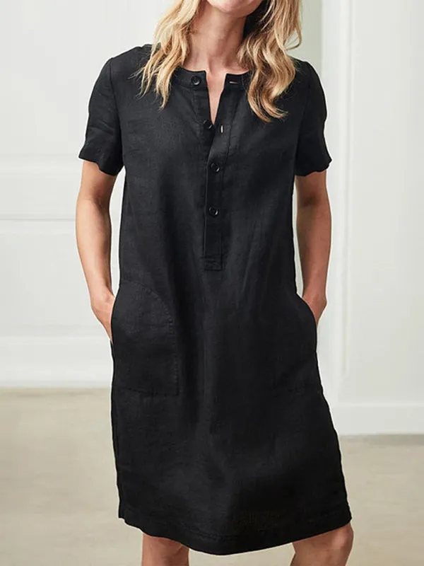 Loose Fit V-Neck Medium Length Dress with Pockets