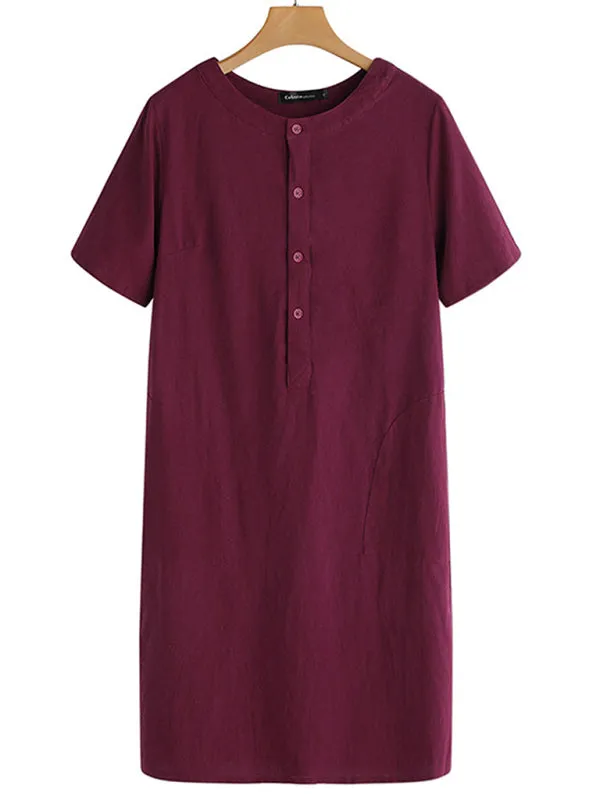Loose Fit V-Neck Medium Length Dress with Pockets