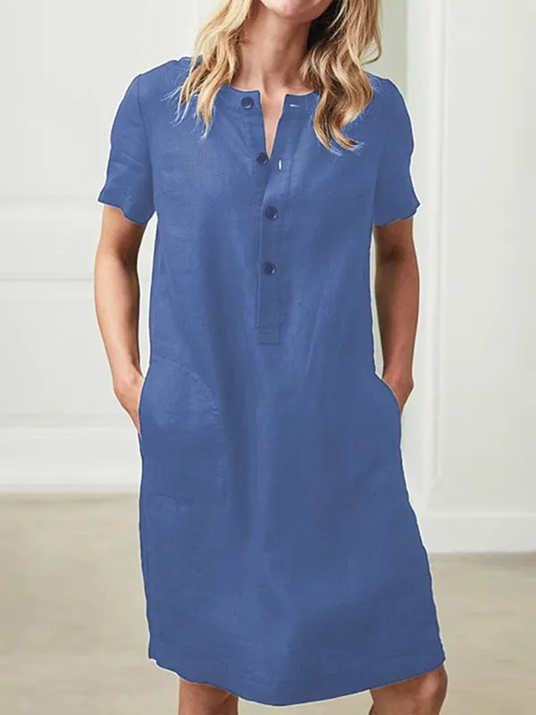 Loose Fit V-Neck Medium Length Dress with Pockets