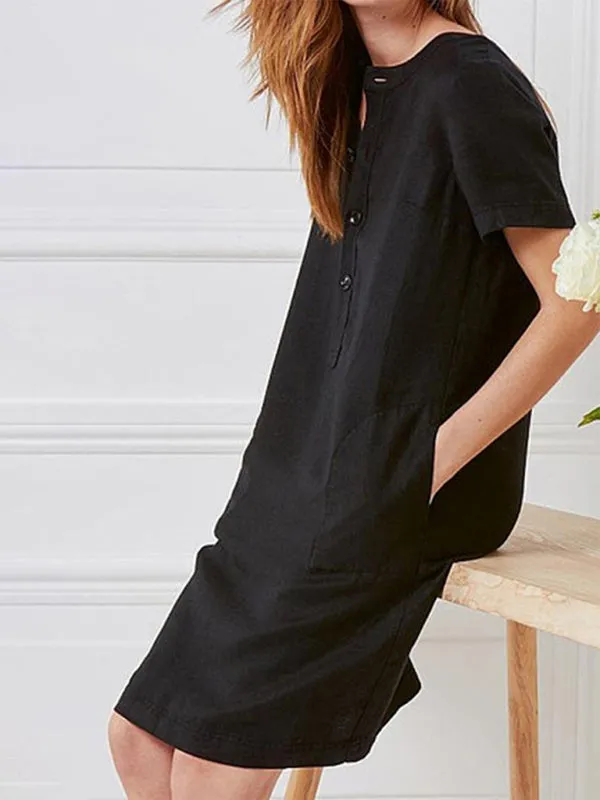 Loose Fit V-Neck Medium Length Dress with Pockets