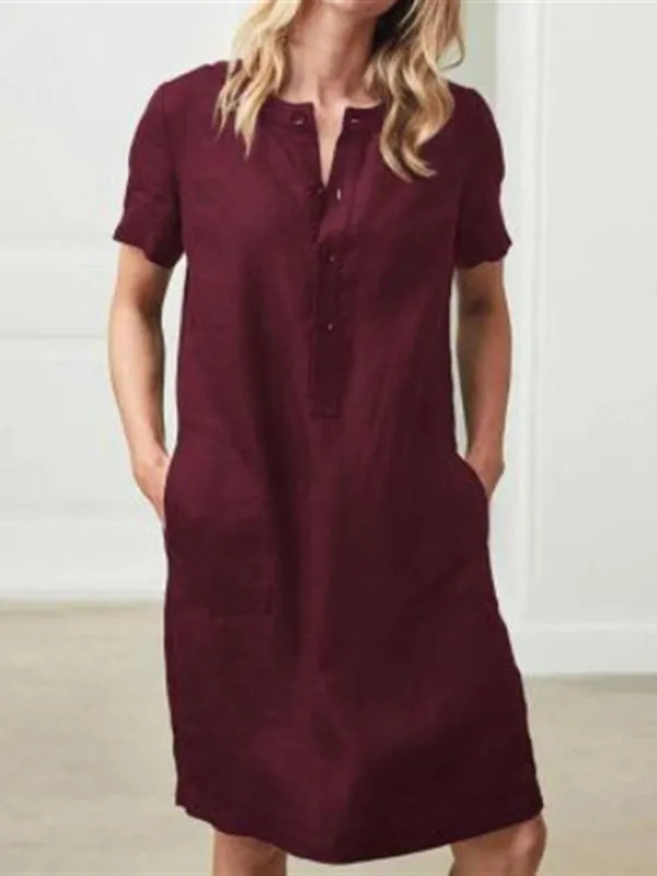 Loose Fit V-Neck Medium Length Dress with Pockets