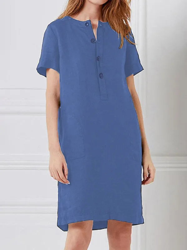 Loose Fit V-Neck Medium Length Dress with Pockets