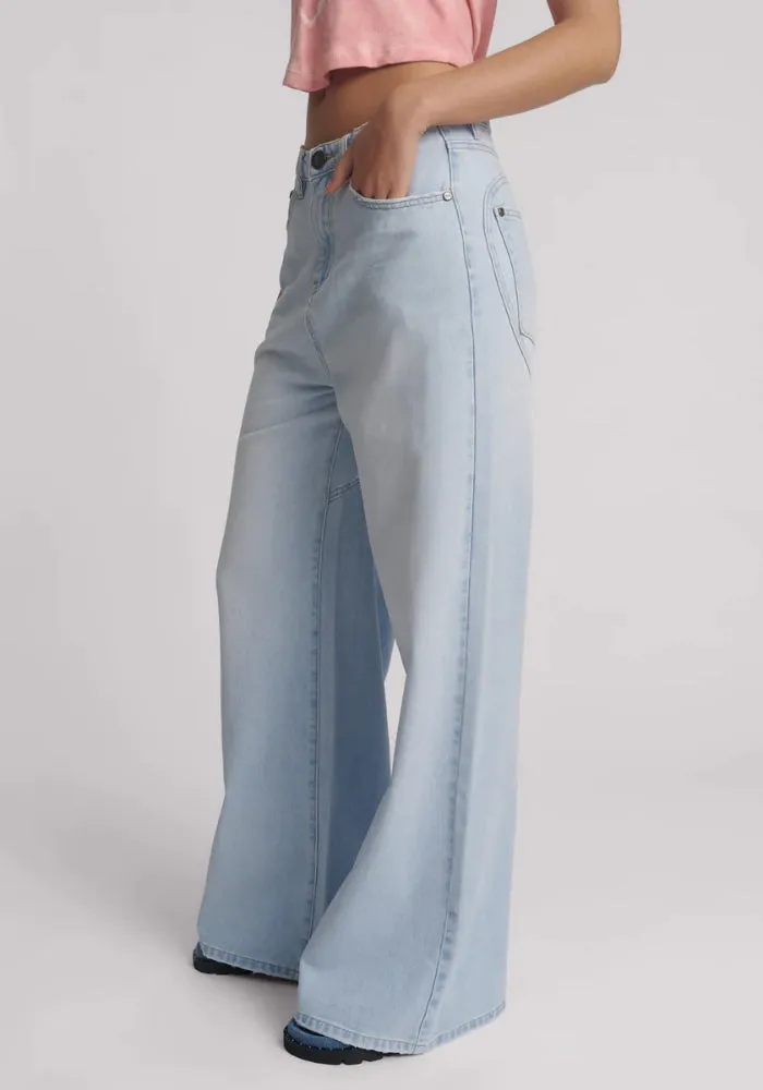 Love Machines Mid Waist Super Wide Leg Denim Jeans - Blue Heart