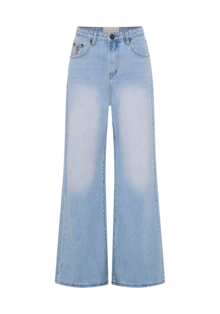Love Machines Mid Waist Super Wide Leg Denim Jeans - Blue Heart