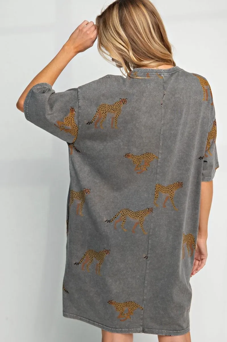 MINERAL WASHED CHEETAH PRINT T SHIRT DRESS