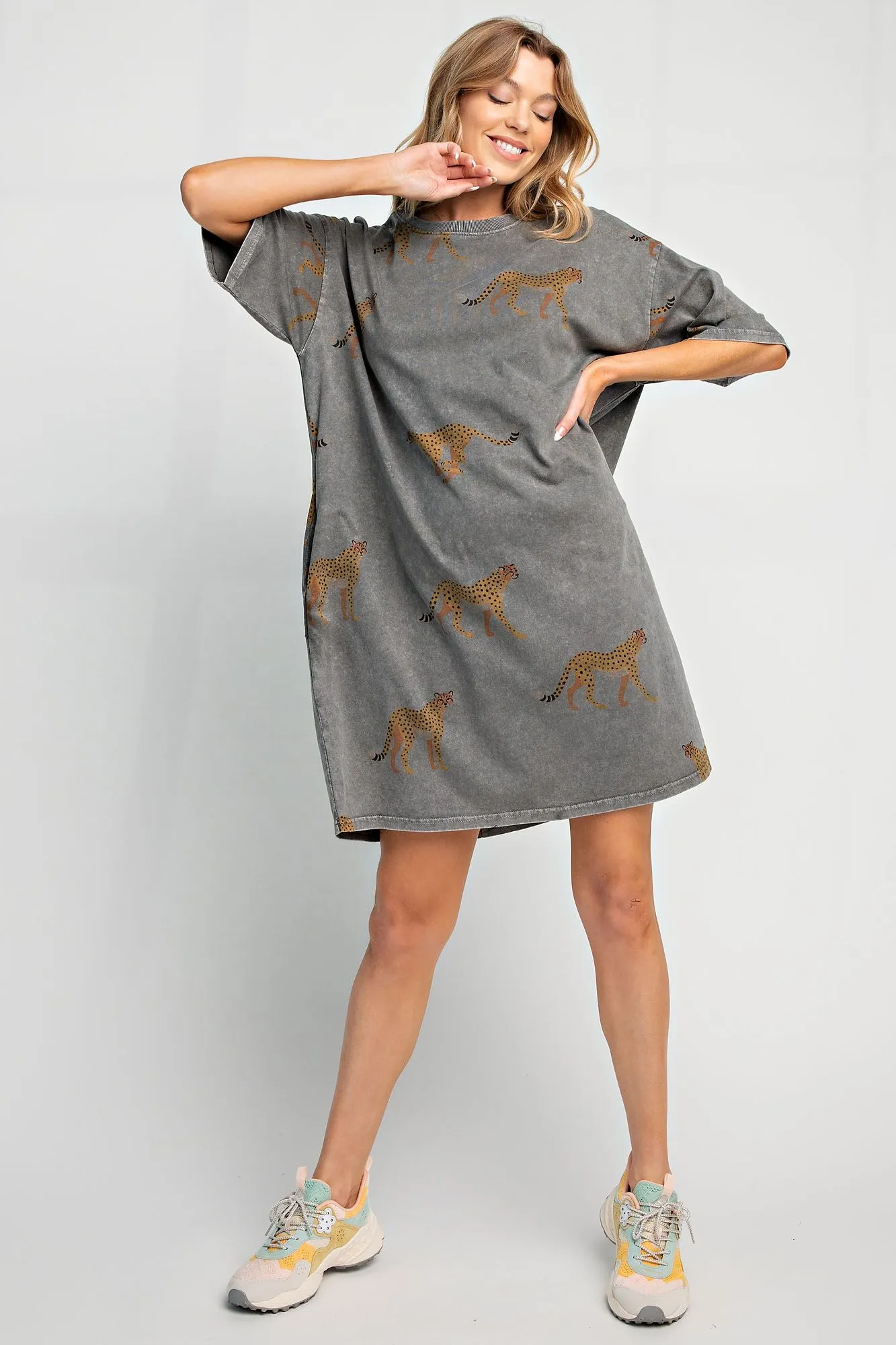MINERAL WASHED CHEETAH PRINT T SHIRT DRESS