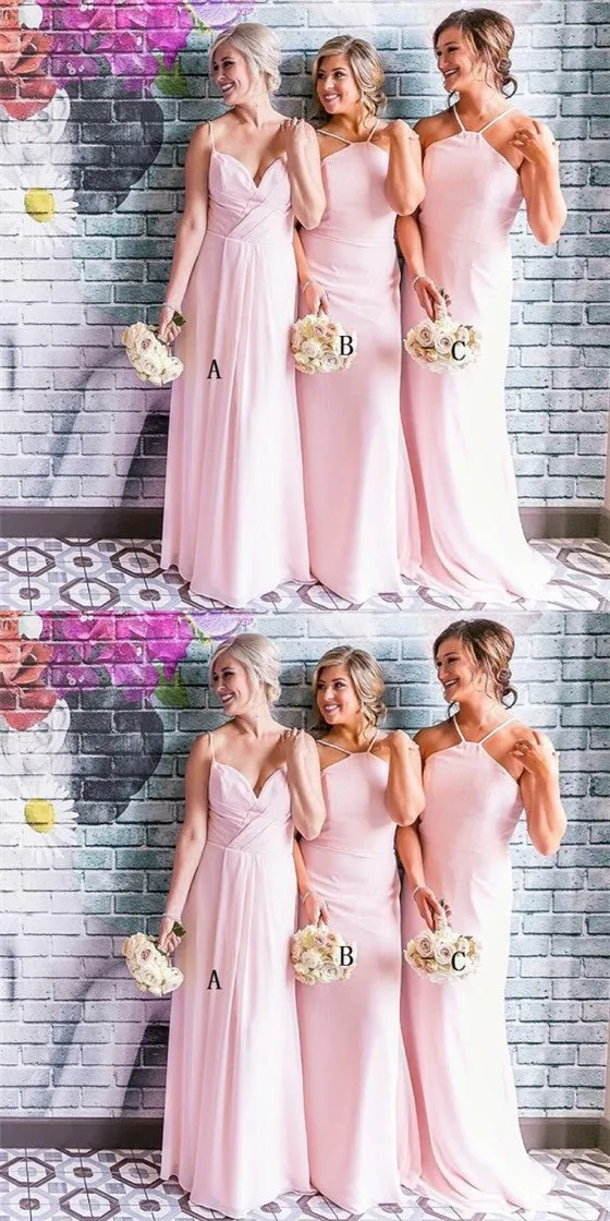 Mismatched Spaghetti Straps Long Pink Chiffon Cheap Bridesmaid Dresses Online, QB0010