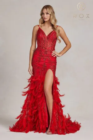 N C1119 - Glitter Print Fit & Flare Prom Gown with Sheer Corset Bodice & Feather Adorned Skirt
