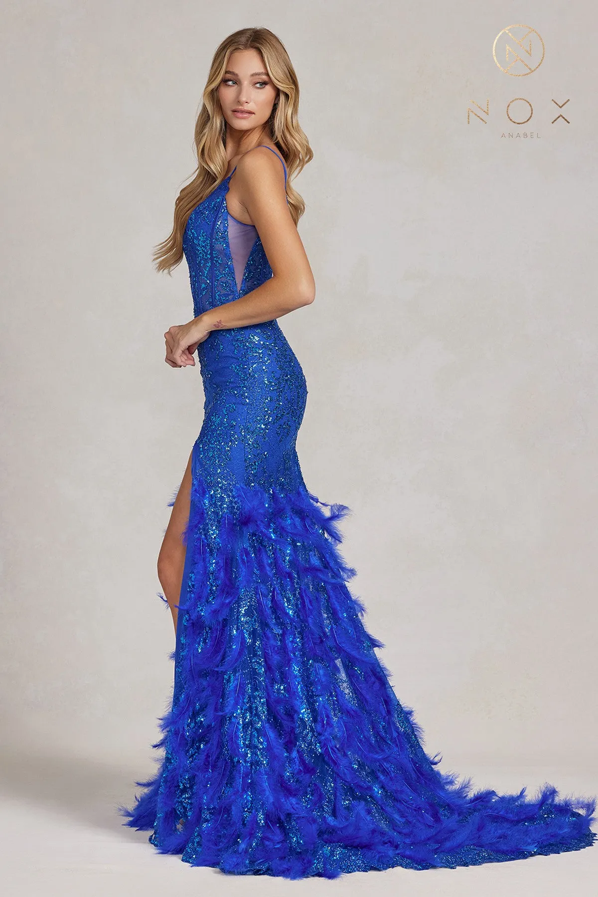 N C1119 - Glitter Print Fit & Flare Prom Gown with Sheer Corset Bodice & Feather Adorned Skirt