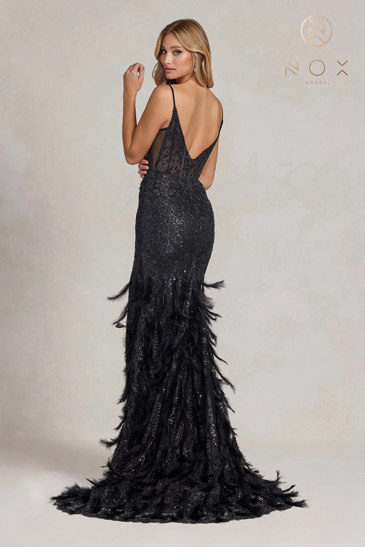 N C1119 - Glitter Print Fit & Flare Prom Gown with Sheer Corset Bodice & Feather Adorned Skirt