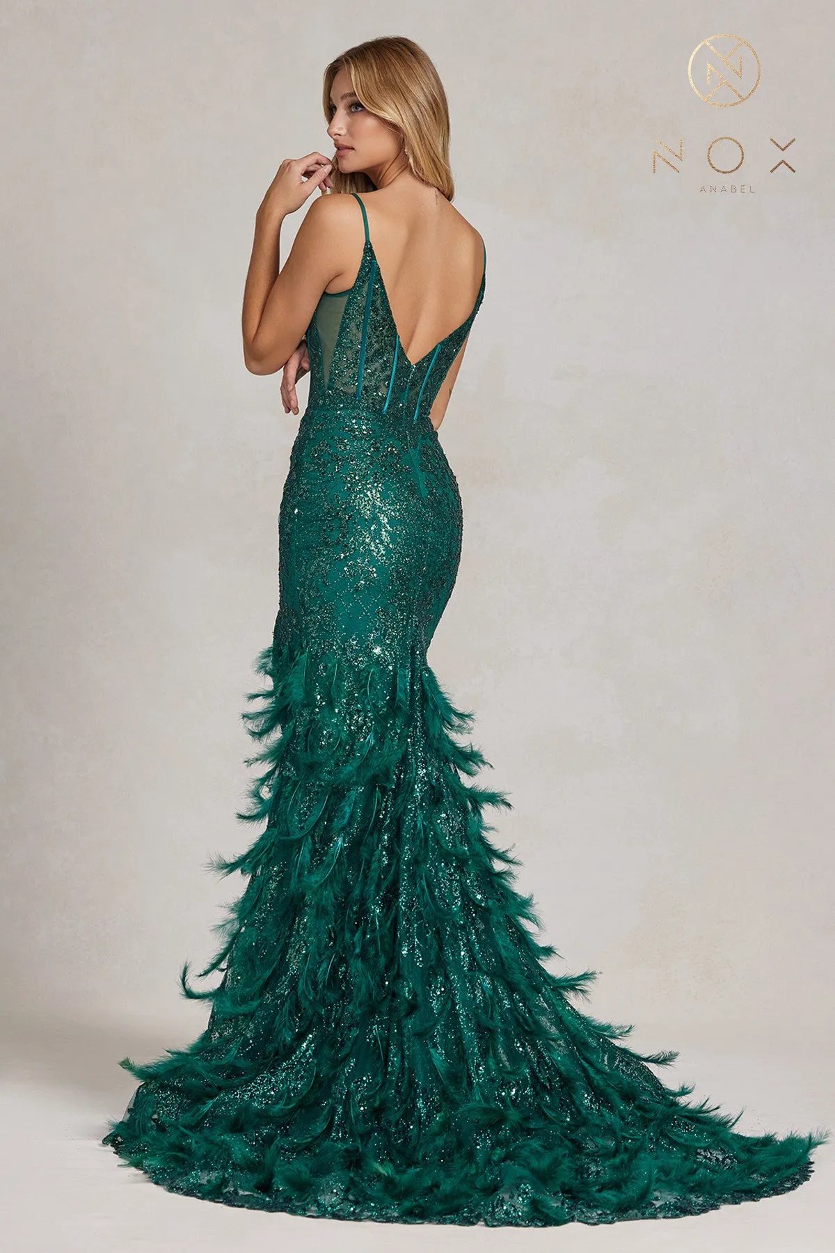 N C1119 - Glitter Print Fit & Flare Prom Gown with Sheer Corset Bodice & Feather Adorned Skirt