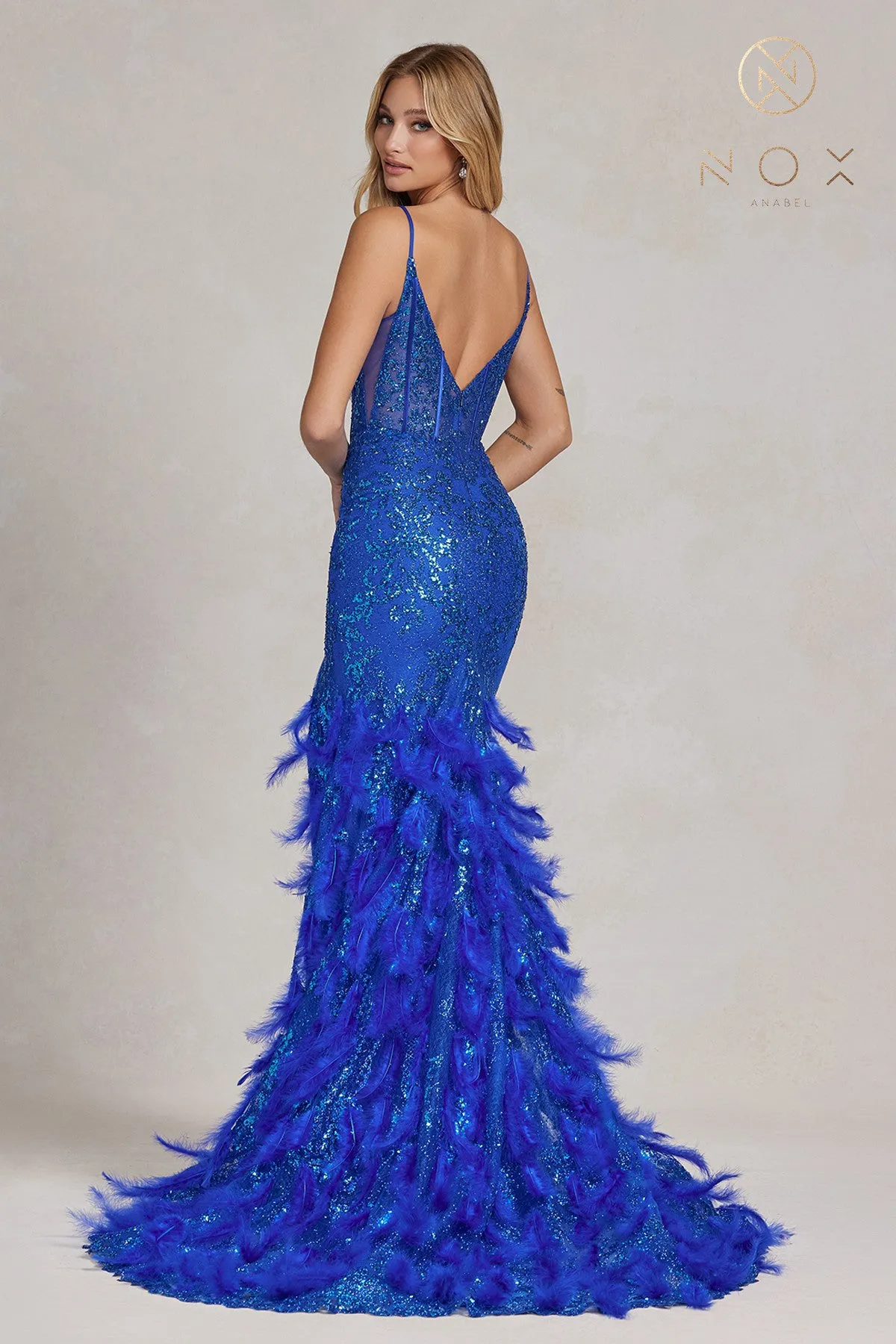 N C1119 - Glitter Print Fit & Flare Prom Gown with Sheer Corset Bodice & Feather Adorned Skirt