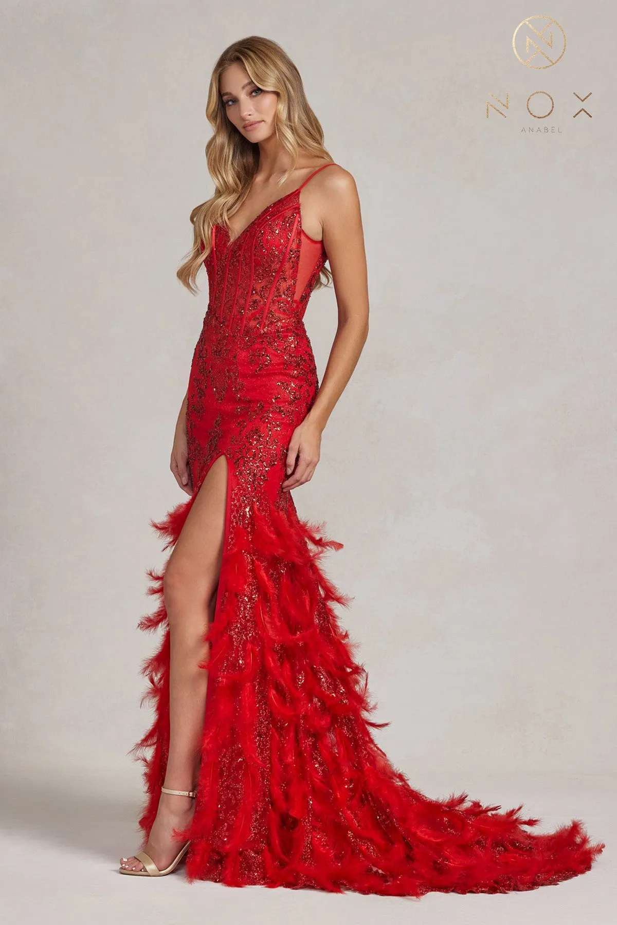 N C1119 - Glitter Print Fit & Flare Prom Gown with Sheer Corset Bodice & Feather Adorned Skirt