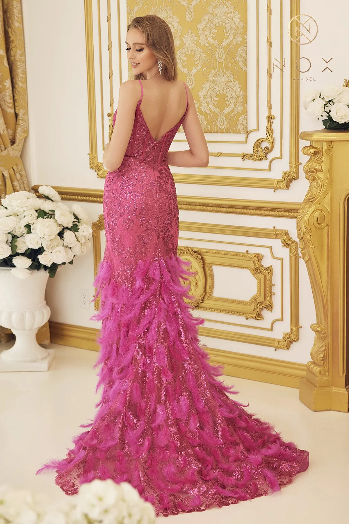 N C1119 - Glitter Print Fit & Flare Prom Gown with Sheer Corset Bodice & Feather Adorned Skirt