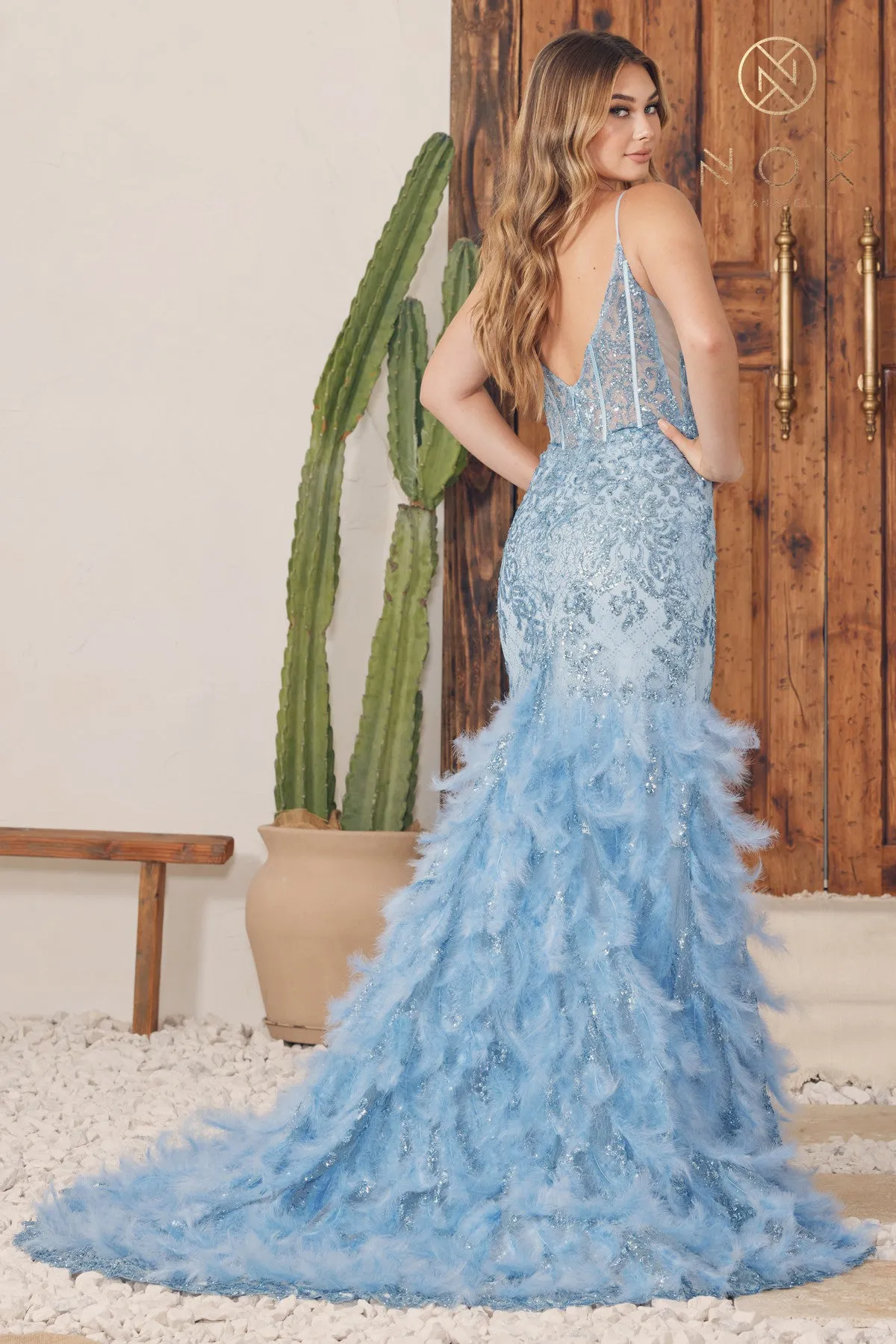 N C1119 - Glitter Print Fit & Flare Prom Gown with Sheer Corset Bodice & Feather Adorned Skirt