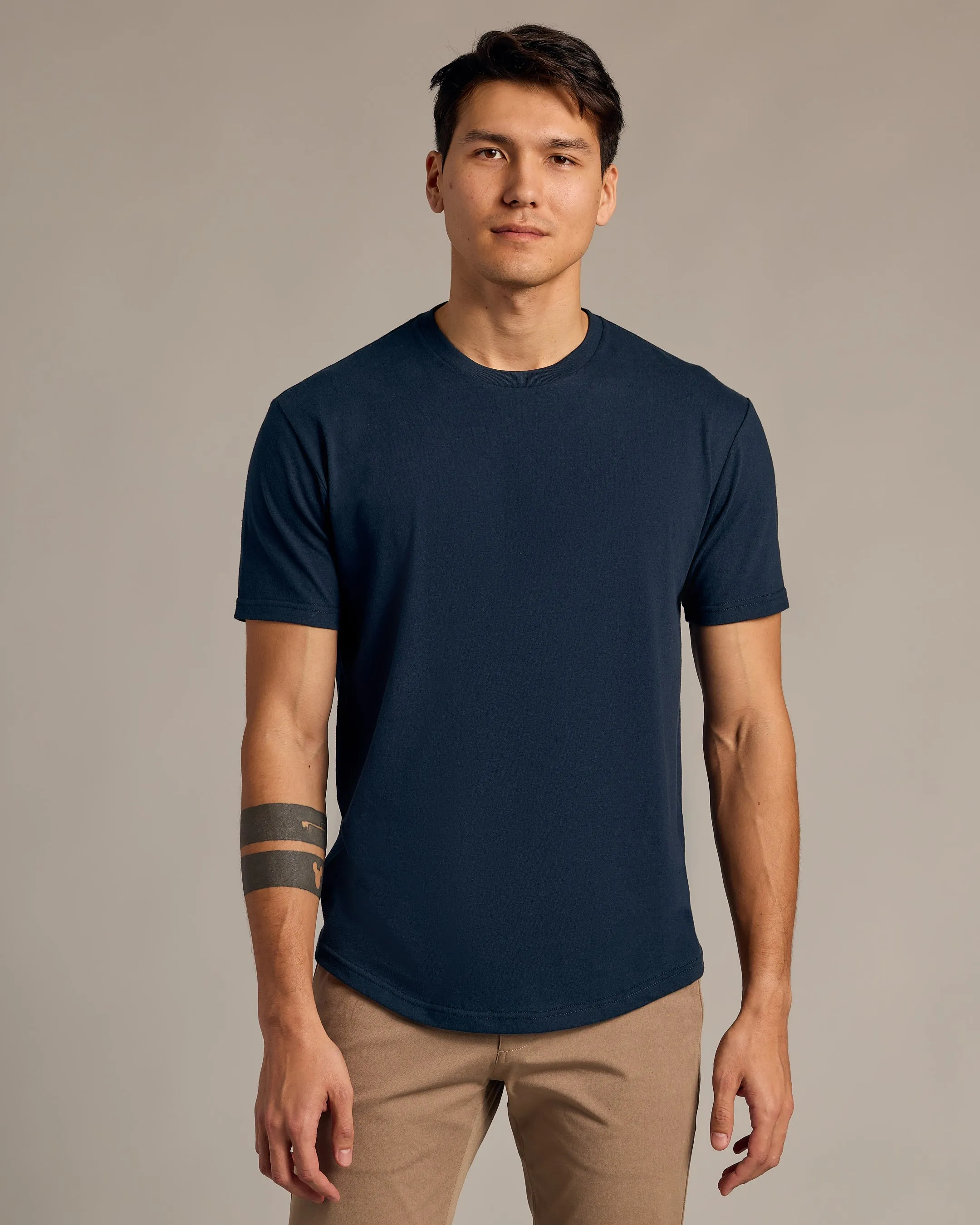 Navy Short Sleeve Curved Hem Crew