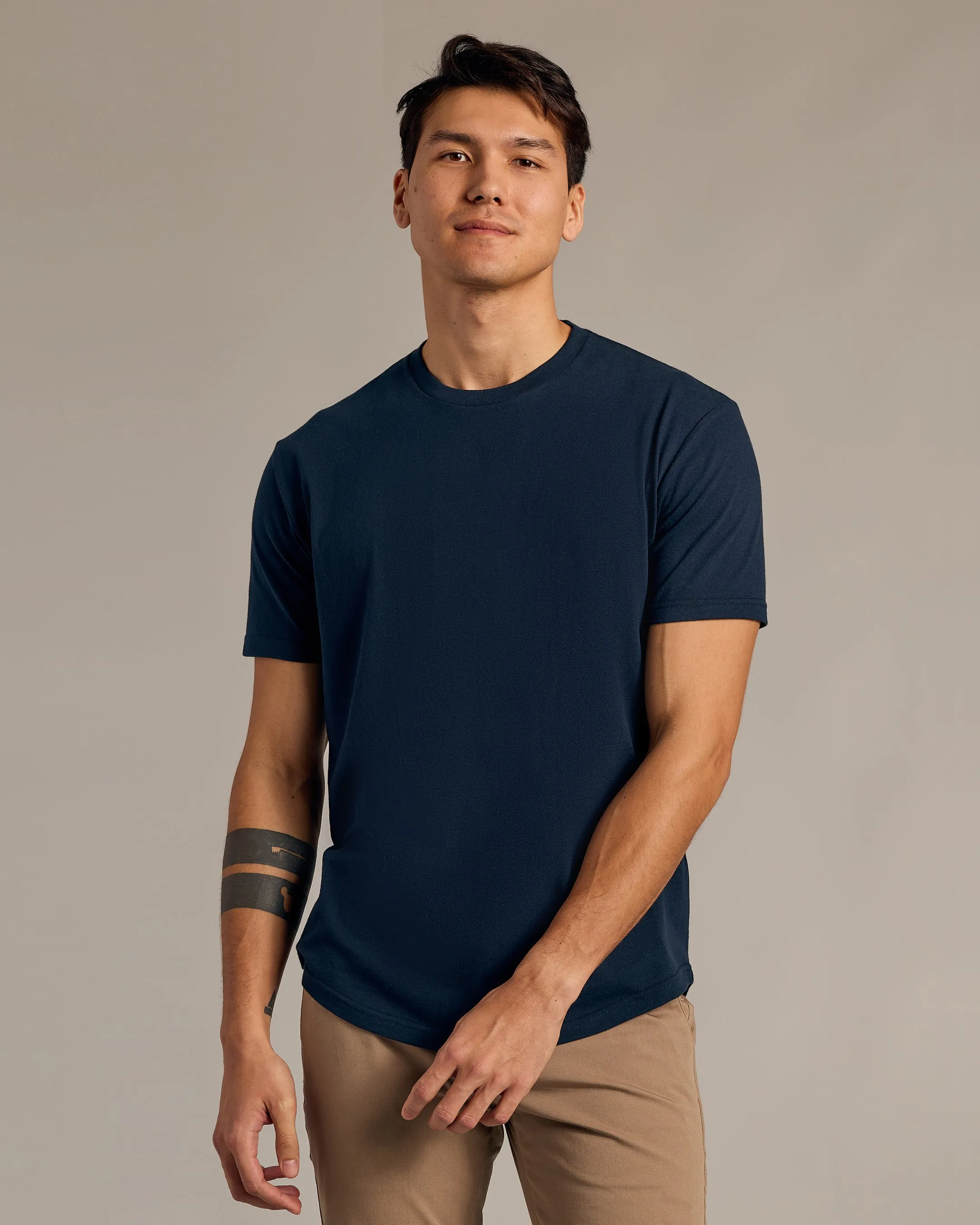 Navy Short Sleeve Curved Hem Crew