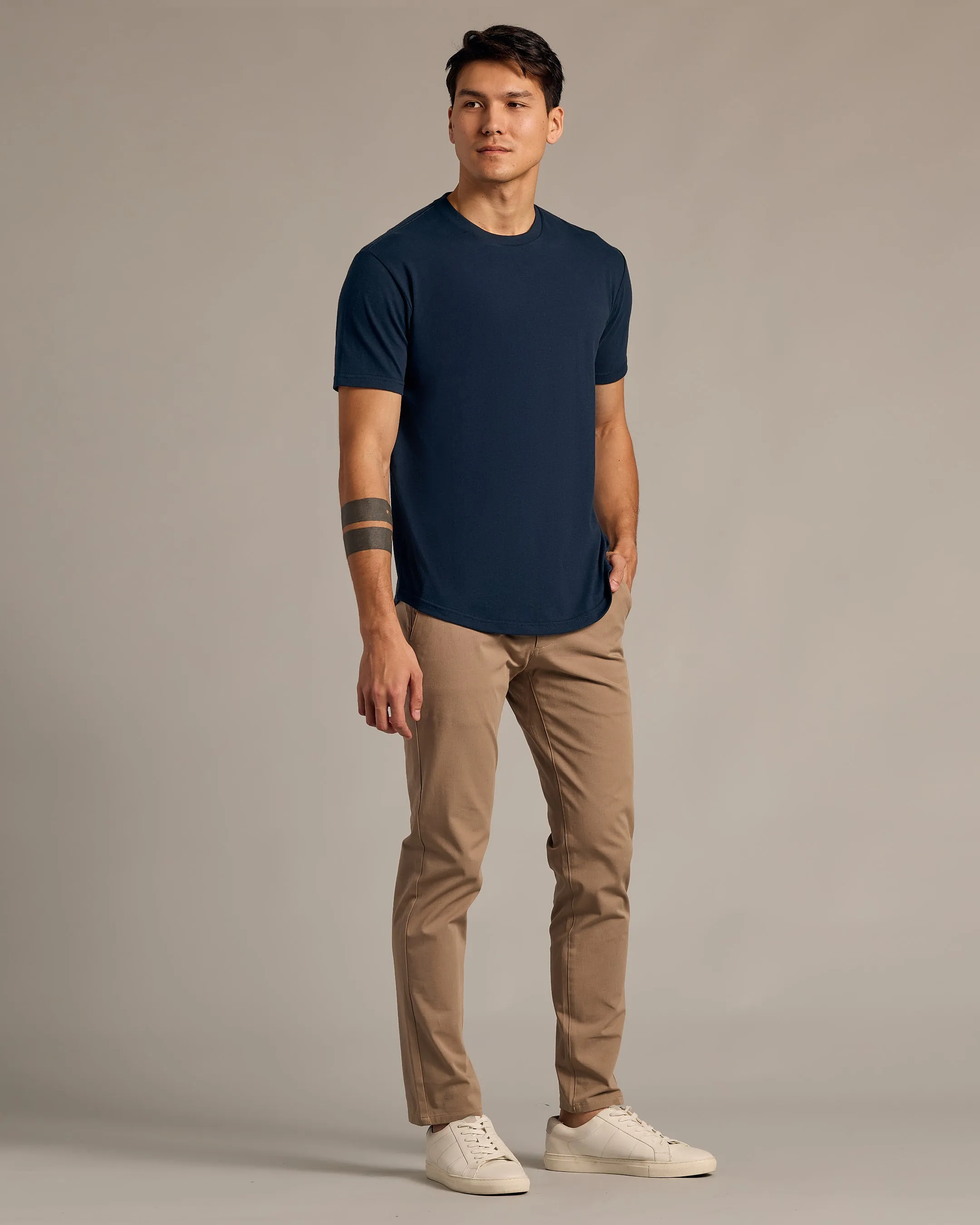Navy Short Sleeve Curved Hem Crew