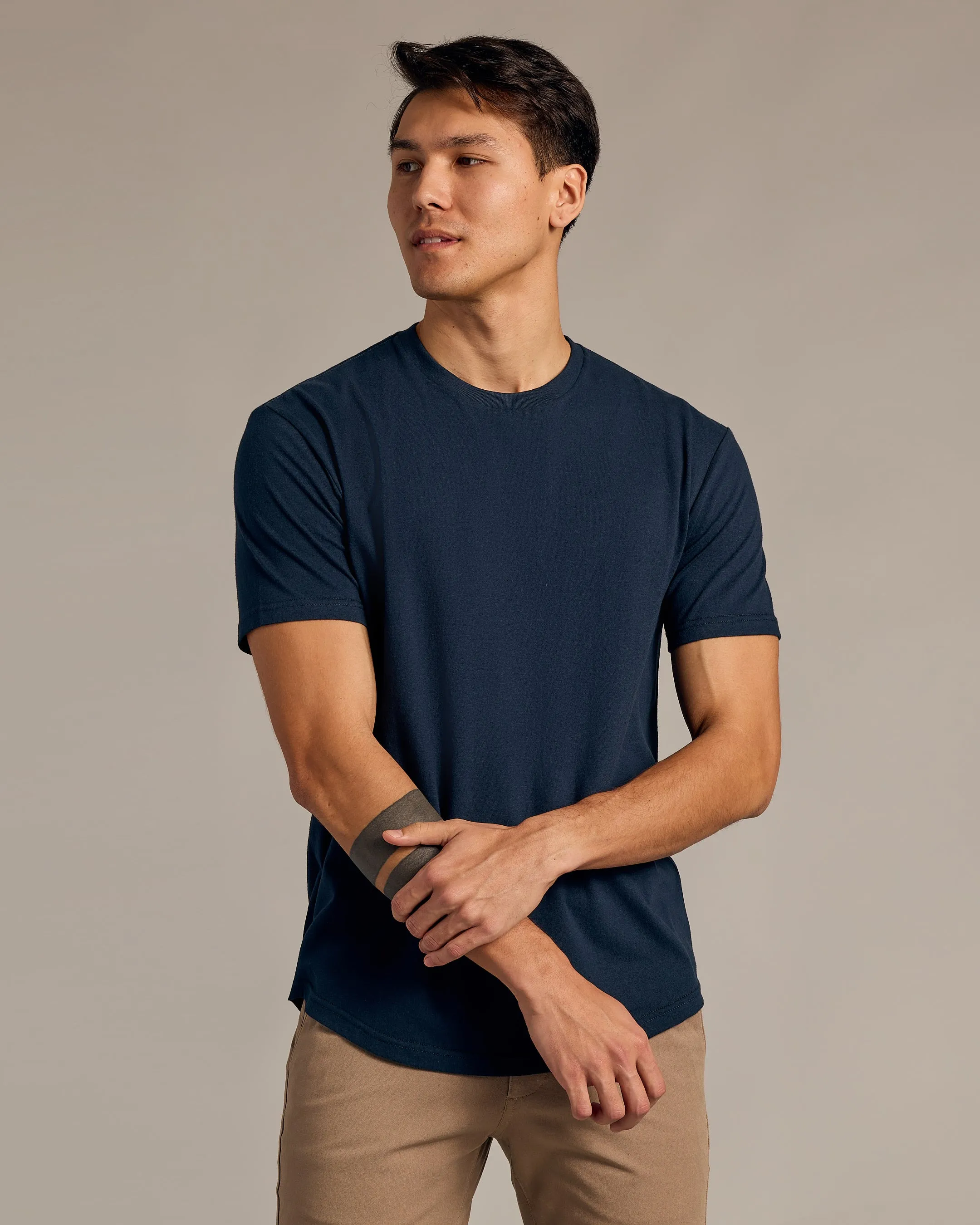 Navy Short Sleeve Curved Hem Crew