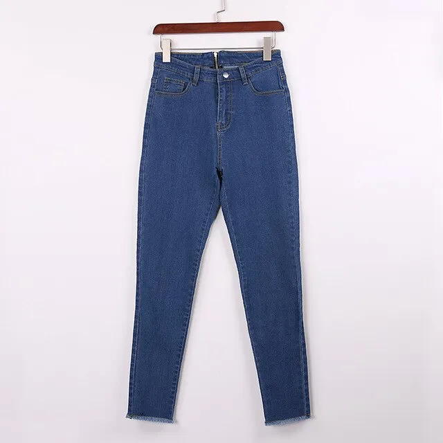 New Hot Sexy Back Zipper Long Jeans Women Basic Classic High Waist Skinny Pencil Blue Denim Pants Elastic Stretch Jeans