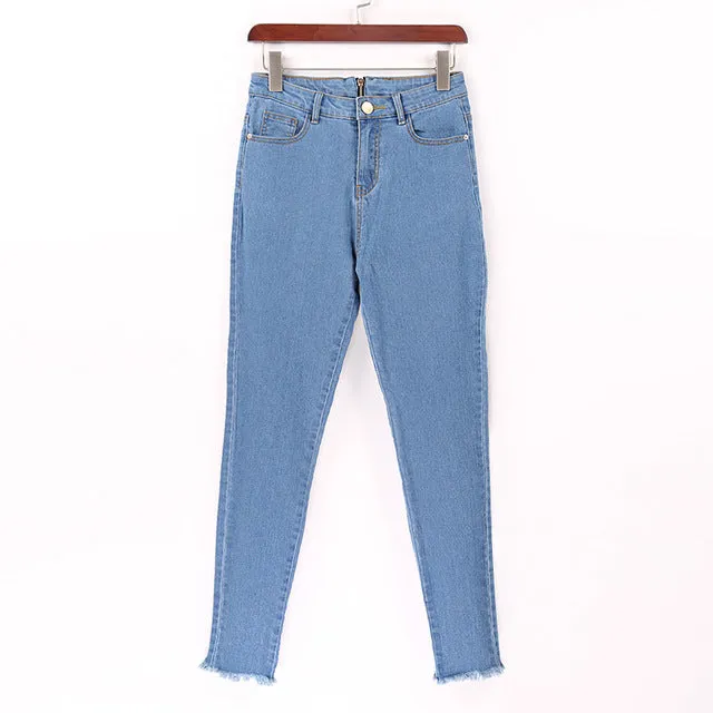 New Hot Sexy Back Zipper Long Jeans Women Basic Classic High Waist Skinny Pencil Blue Denim Pants Elastic Stretch Jeans