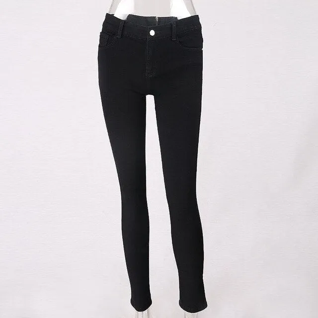 New Hot Sexy Back Zipper Long Jeans Women Basic Classic High Waist Skinny Pencil Blue Denim Pants Elastic Stretch Jeans