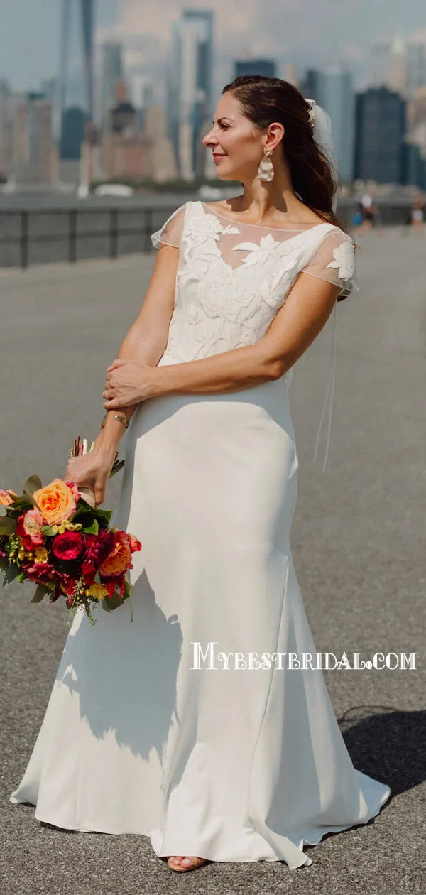 New V-neck Mermaid Short Sleeve Long Wedding Dresses, WDS0083