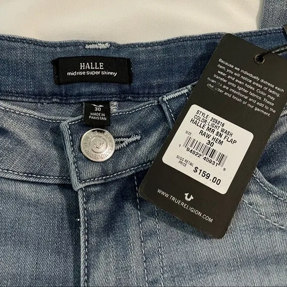 NWT TRUE RELIGION Halle Released Hem Super Skinny Jeans Mid Rise Size 30