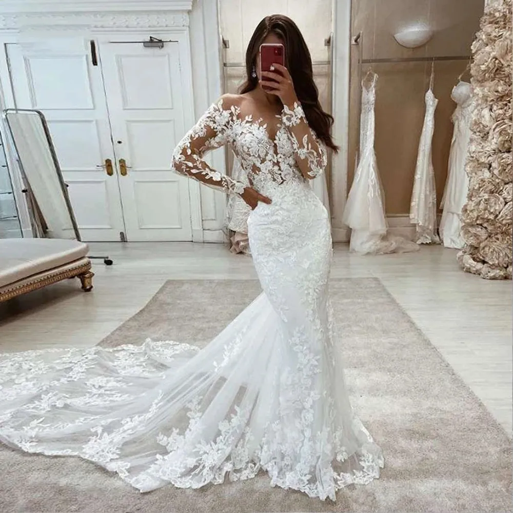 O Neck Long Sleeves Nude Tulle Mermaid Wedding Dresses