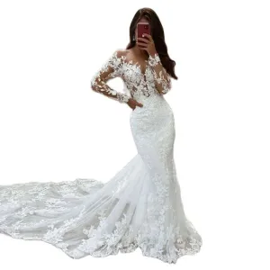 O Neck Long Sleeves Nude Tulle Mermaid Wedding Dresses