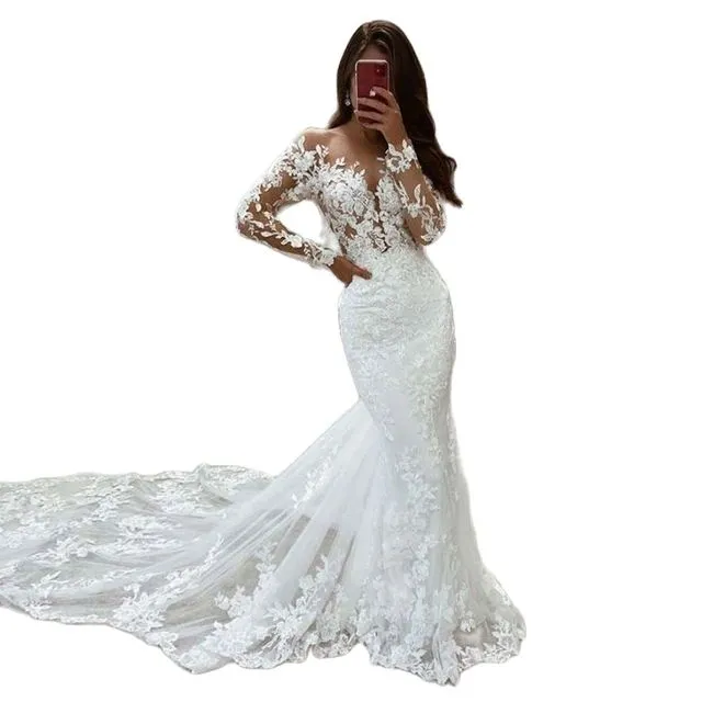 O Neck Long Sleeves Nude Tulle Mermaid Wedding Dresses