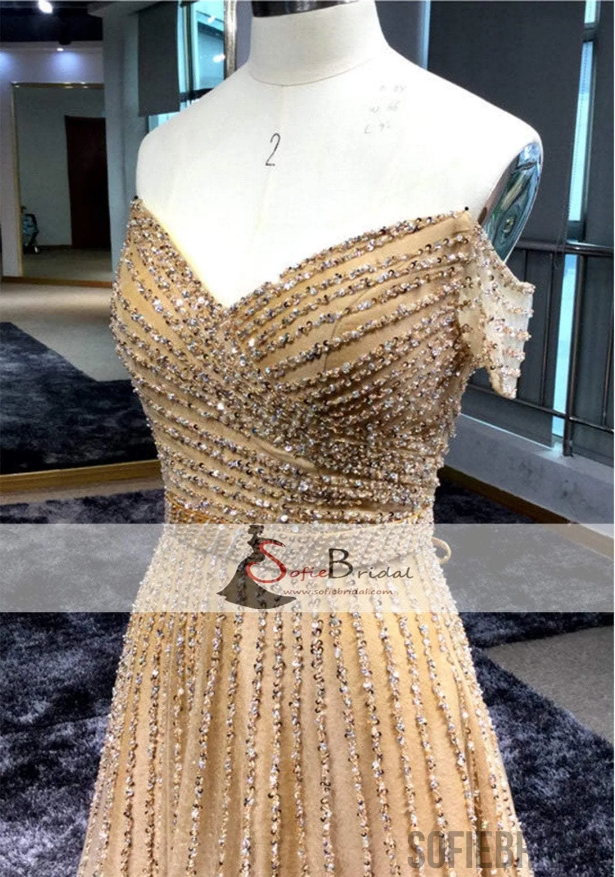 Off Shoulder Rhinestone Beaded A-line Prom Dresses, Sparkle Evening Dresses, PD0401