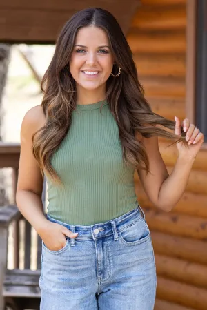 Olive Ribbed Fitted Tank Top