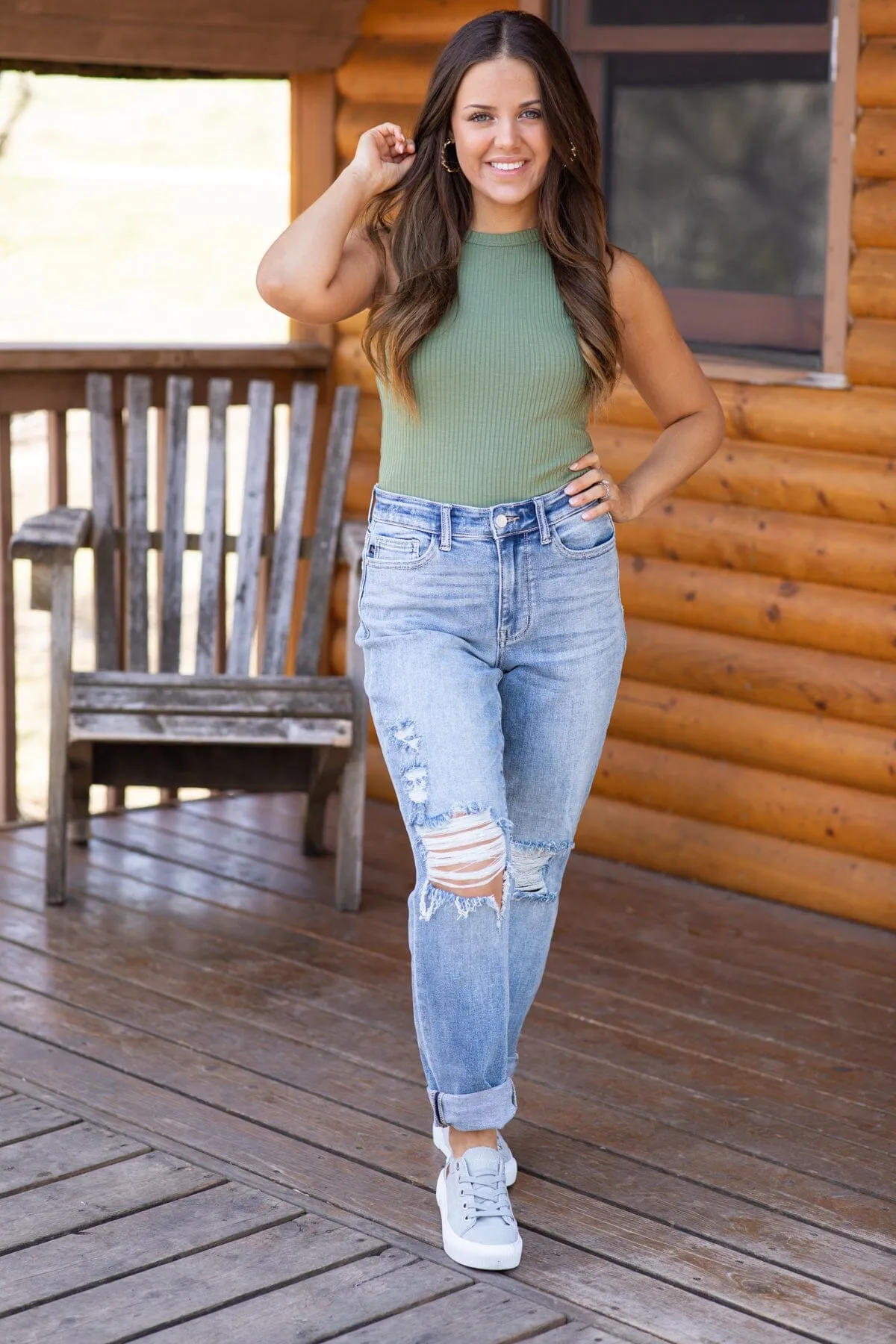 Olive Ribbed Fitted Tank Top