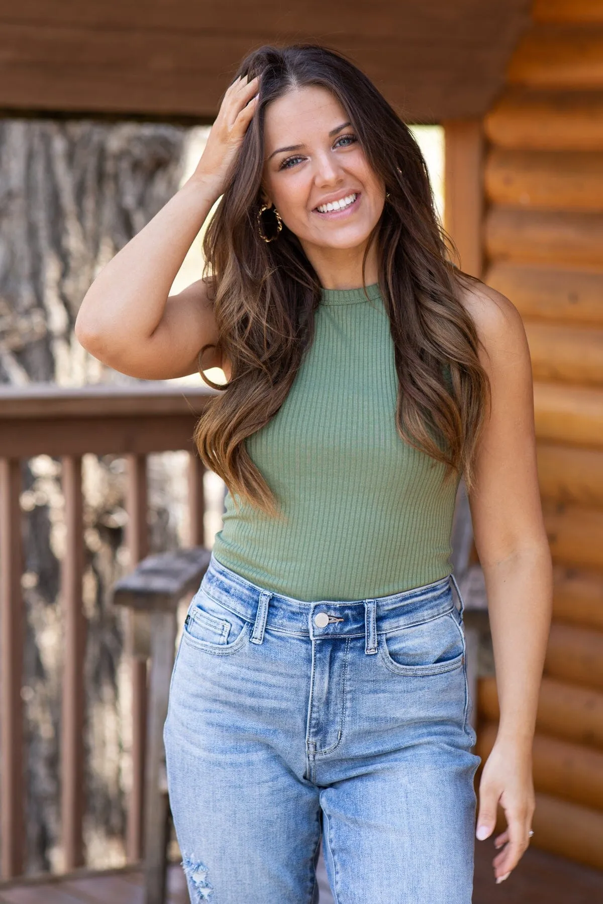 Olive Ribbed Fitted Tank Top