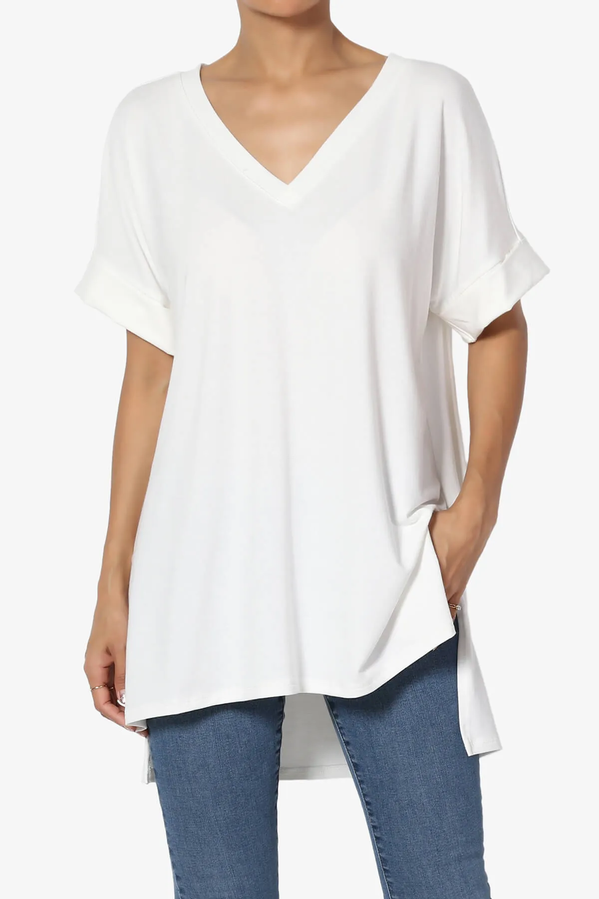 Onella V-Neck Rolled Short Sleeve Top MORE COLORS
