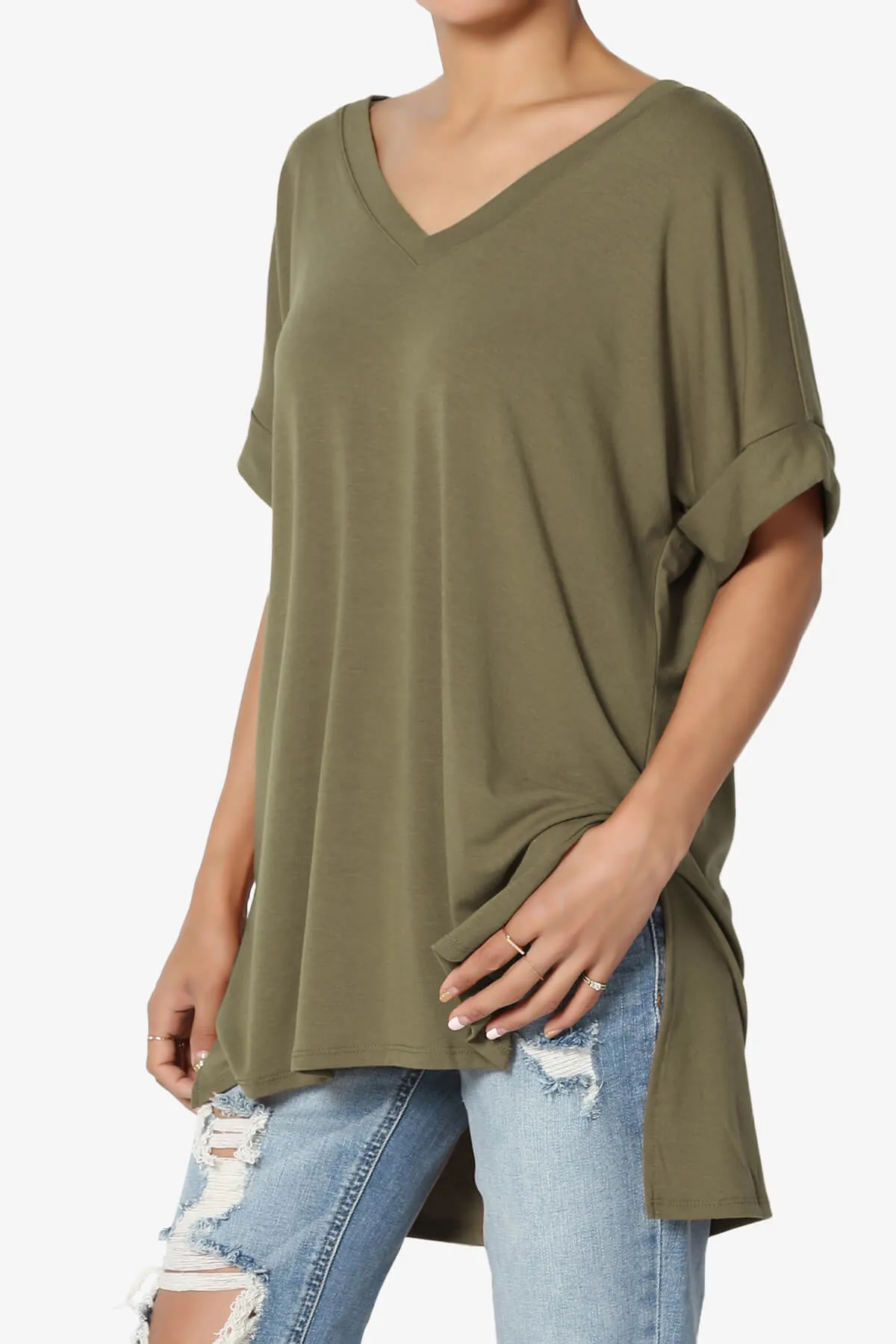 Onella V-Neck Rolled Short Sleeve Top MORE COLORS