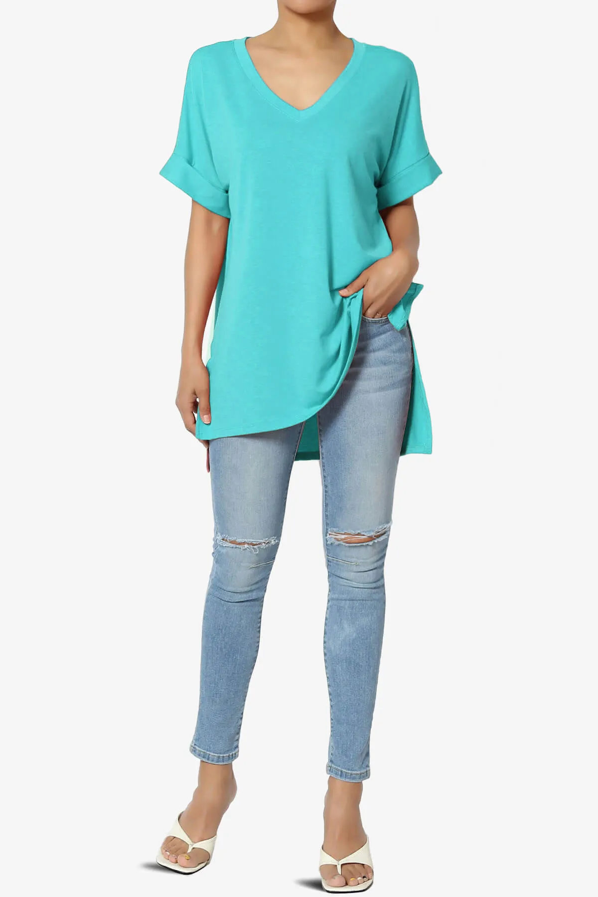 Onella V-Neck Rolled Short Sleeve Top MORE COLORS