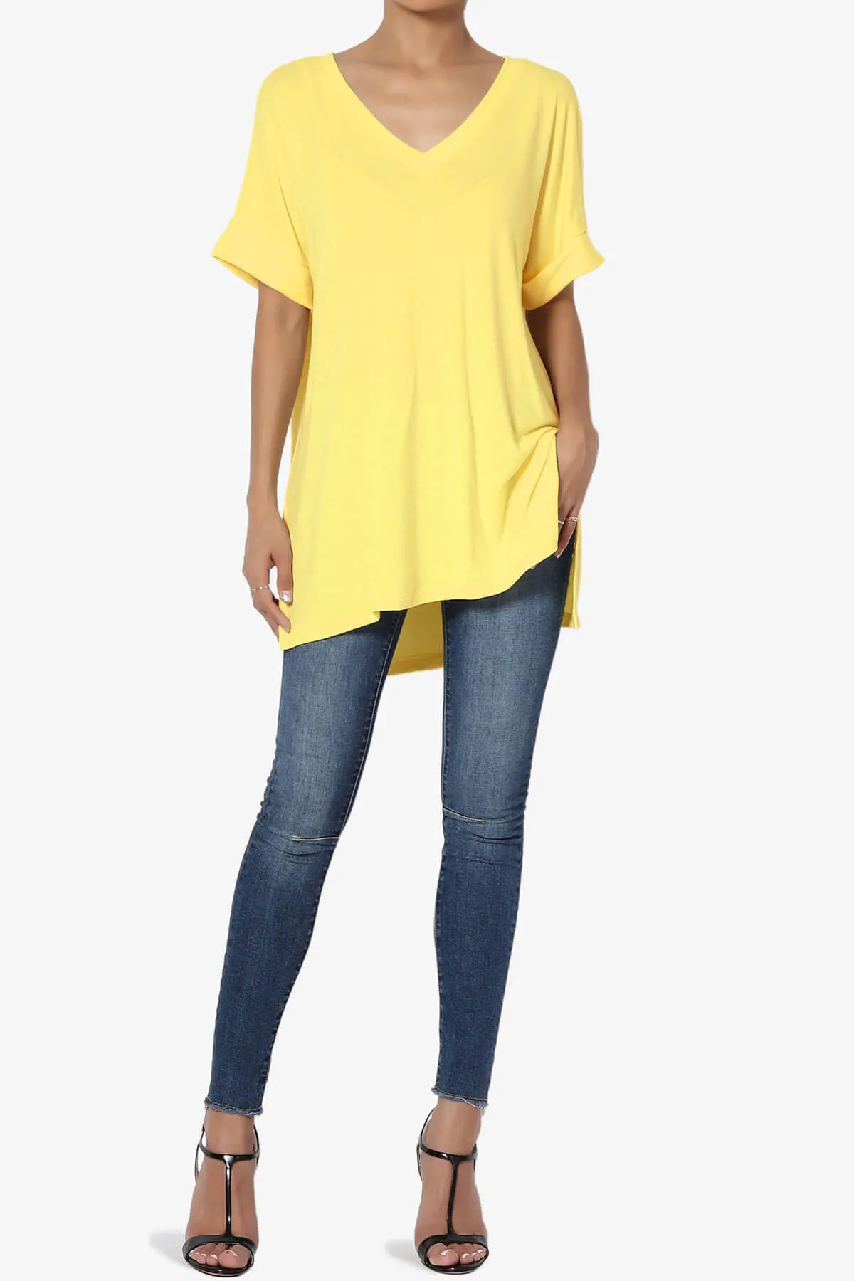 Onella V-Neck Rolled Short Sleeve Top MORE COLORS