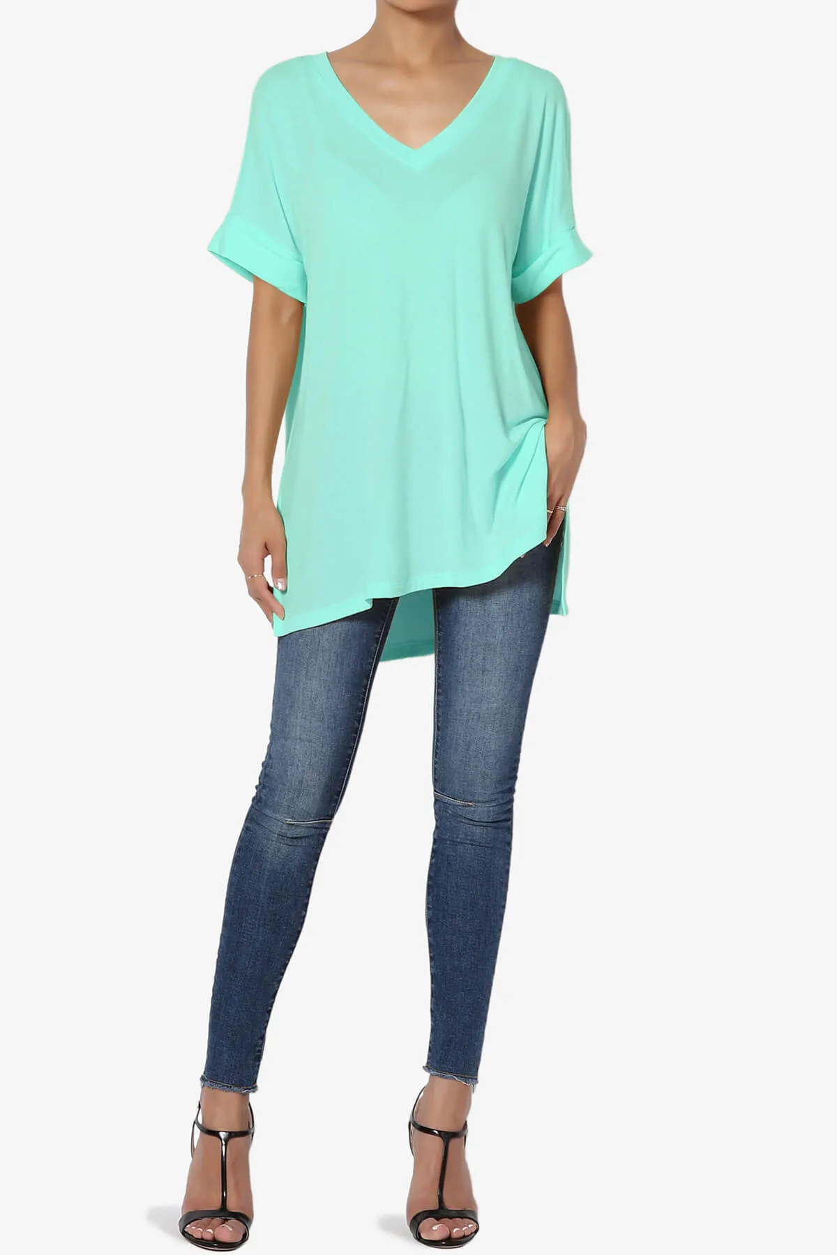 Onella V-Neck Rolled Short Sleeve Top MORE COLORS